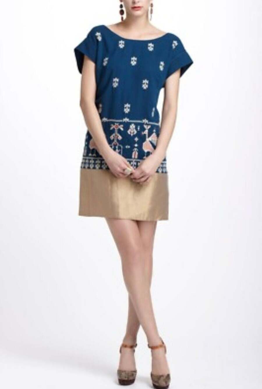 Floreat Anthropologie Teal Embroidered Bird Mini Dress with Gold Hem